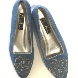 Annie Denim Flats 1" Heel Studded Fronts 10M Chic!
